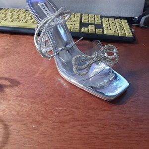 Zzheels Double Bowknots Crystal Sandal Clear Slingback Heel Square Toe Sz10 Prel